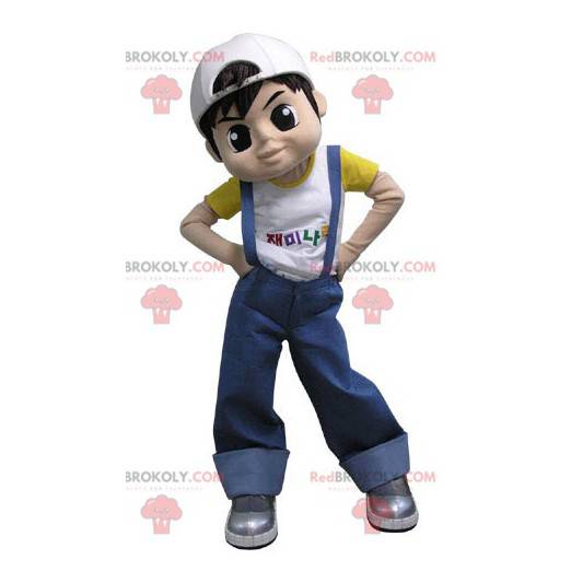 Teenager boy mascot dressed in overalls - Redbrokoly.com