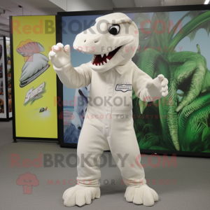 White Tyrannosaurus mascot costume character dressed with a Jumpsuit and Caps