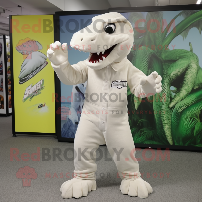 White Tyrannosaurus mascot costume character dressed with a Jumpsuit and Caps White Tyrannosaurus mascot costume character dressed with a Jumpsuit and Caps