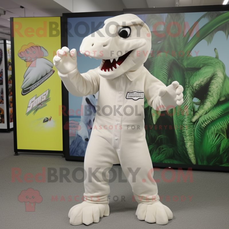 White Tyrannosaurus mascot costume character dressed with a Jumpsuit and Caps