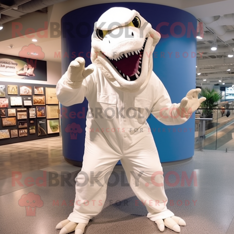 White Tyrannosaurus mascot costume character dressed with a Jumpsuit and Caps White Tyrannosaurus mascot costume character dressed with a Jumpsuit and Caps