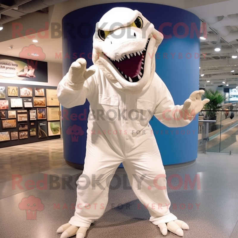 White Tyrannosaurus mascot costume character dressed with a Jumpsuit and Caps