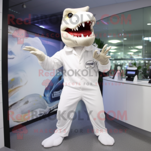 White Tyrannosaurus mascot costume character dressed with a Jumpsuit and Caps