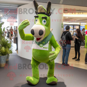 Green Donkey mascot costume character dressed with a Jeggings and Rings