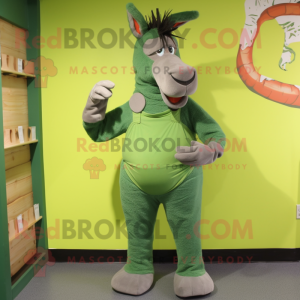 Green Donkey mascot costume character dressed with a Jeggings and Rings