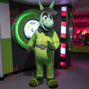 Green Donkey mascot costume character dressed with a Jeggings and Rings