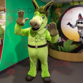 Green Donkey mascot costume character dressed with a Jeggings and Rings