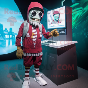 Maroon Undead mascot costume character dressed with a Board Shorts and Smartwatches