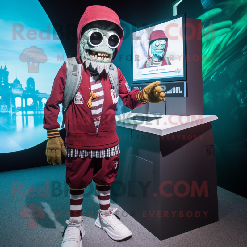 Maroon Undead mascot costume character dressed with a Board Shorts and Smartwatches Maroon Undead mascot costume character dressed with a Board Shorts and Smartwatches