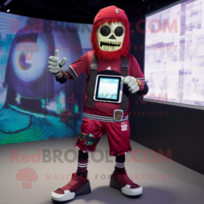 Maroon Undead mascot costume character dressed with a Board Shorts and Smartwatches