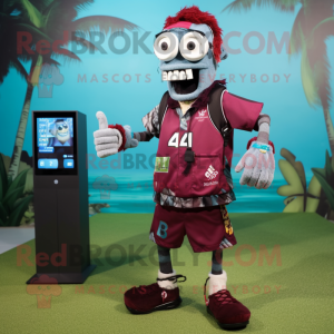 Maroon Undead mascot costume character dressed with a Board Shorts and Smartwatches
