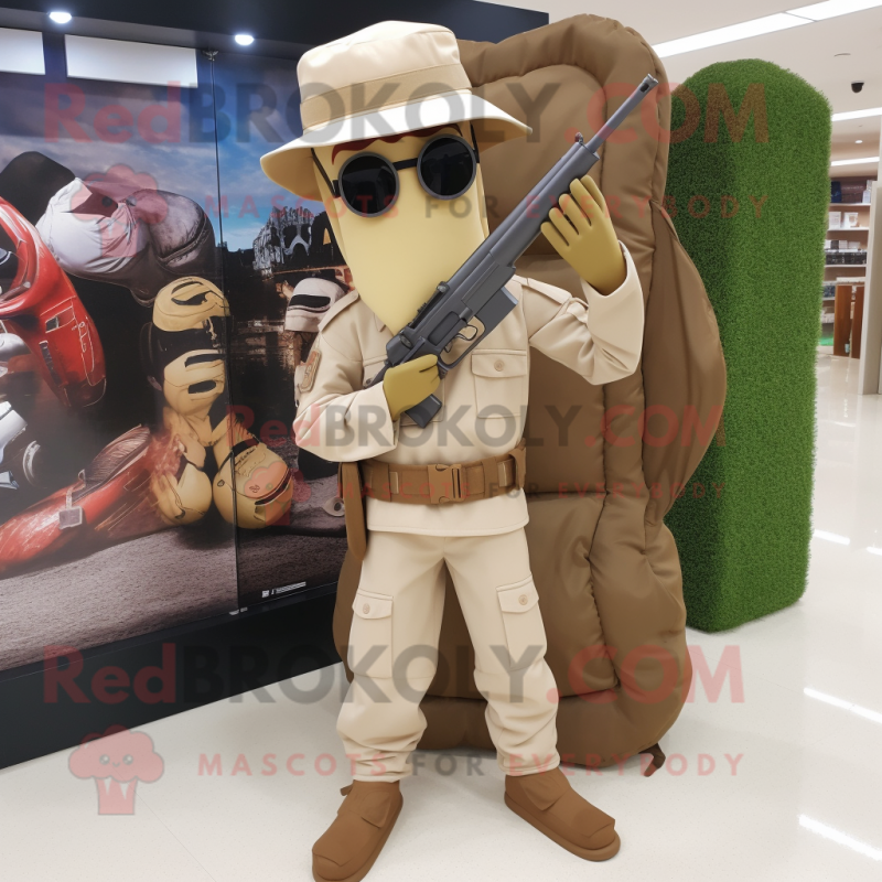 Tan Sniper mascot costume character dressed with a Bootcut Jeans and Briefcases