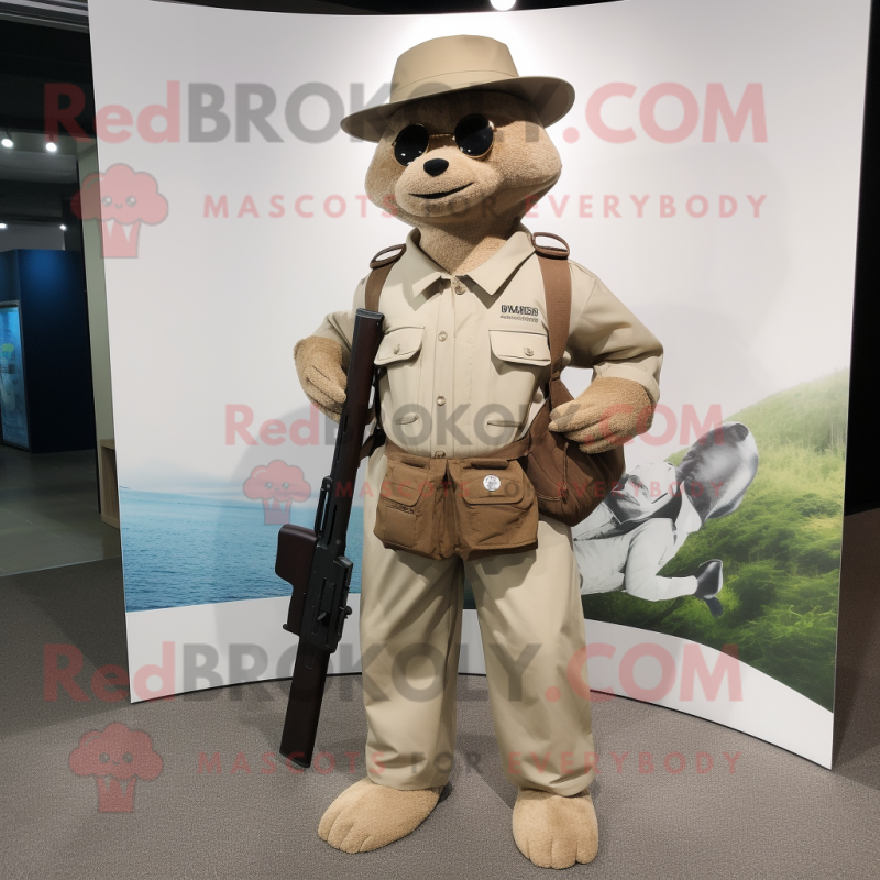 Tan Sniper mascot costume character dressed with a Bootcut Jeans and Briefcases Tan Sniper mascot costume character dressed with a Bootcut Jeans and Briefcases