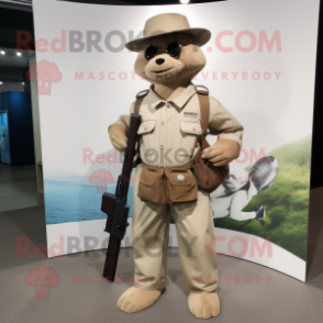 Tan Sniper mascot costume character dressed with a Bootcut Jeans and Briefcases