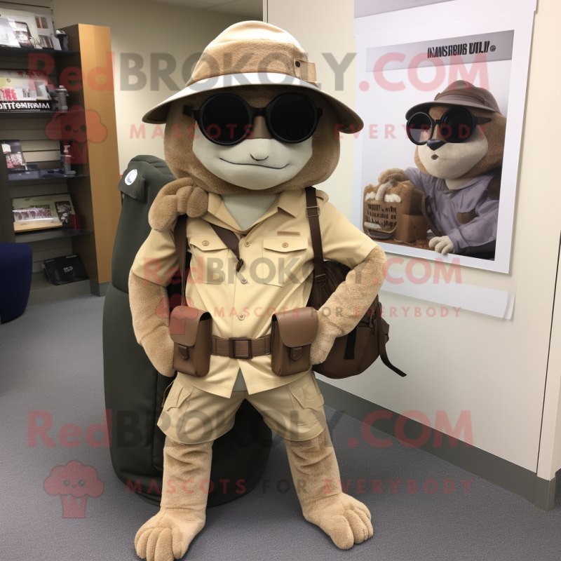 Tan Sniper mascot costume character dressed with a Bootcut Jeans and Briefcases