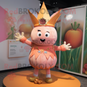 Peach King mascot costume character dressed with a Playsuit and Bracelets