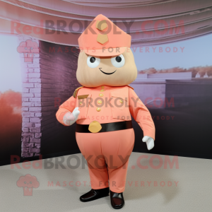 Peach Soldier mascot costume character dressed with a Wrap Dress and Lapel pins