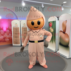 Peach Soldier mascot costume character dressed with a Wrap Dress and Lapel pins