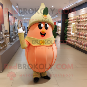 Peach Soldier mascot costume character dressed with a Wrap Dress and Lapel pins