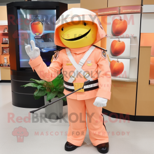 Peach Soldier mascot costume character dressed with a Wrap Dress and Lapel pins