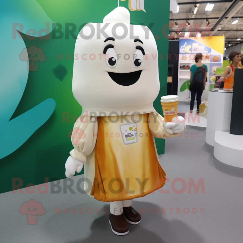 Cream Scented Candle mascot costume character dressed with a A-Line Dress and Backpacks Cream Scented Candle mascot costume character dressed with a A-Line Dress and Backpacks