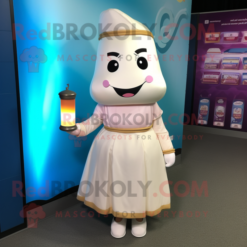 Cream Scented Candle mascot costume character dressed with a A-Line Dress and Backpacks Cream Scented Candle mascot costume character dressed with a A-Line Dress and Backpacks