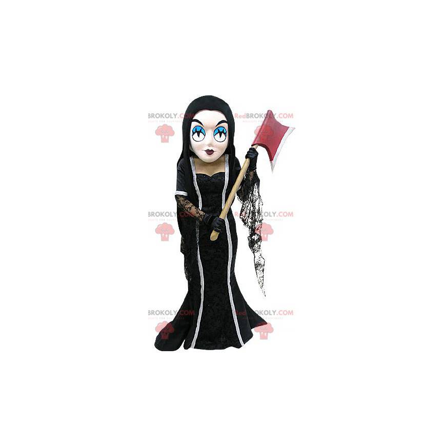 Mascote da bruxa marrom em um vestido com um machado -