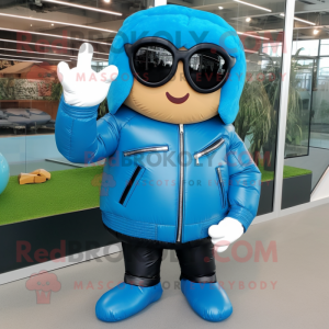 Sky Blue Pad Thai mascot costume character dressed with a Leather Jacket and Sunglasses