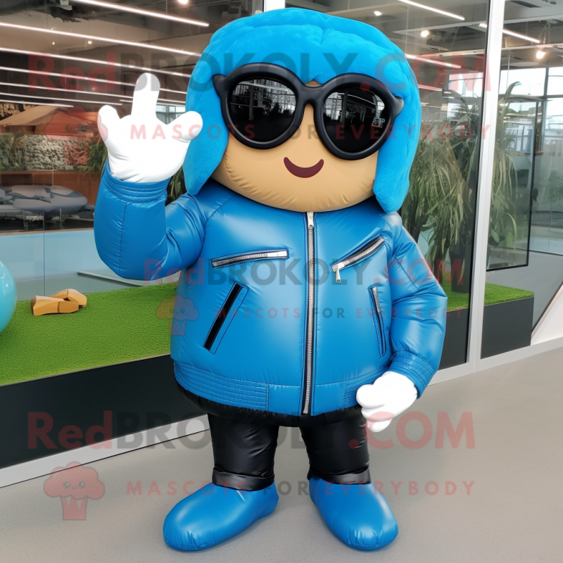 Sky Blue Pad Thai mascot costume character dressed with a Leather Jacket and Sunglasses Sky Blue Pad Thai mascot costume character dressed with a Leather Jacket and Sunglasses