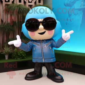 Sky Blue Pad Thai mascot costume character dressed with a Leather Jacket and Sunglasses