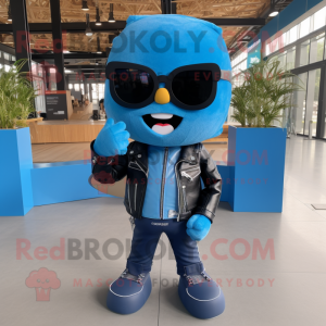 Sky Blue Pad Thai mascot costume character dressed with a Leather Jacket and Sunglasses