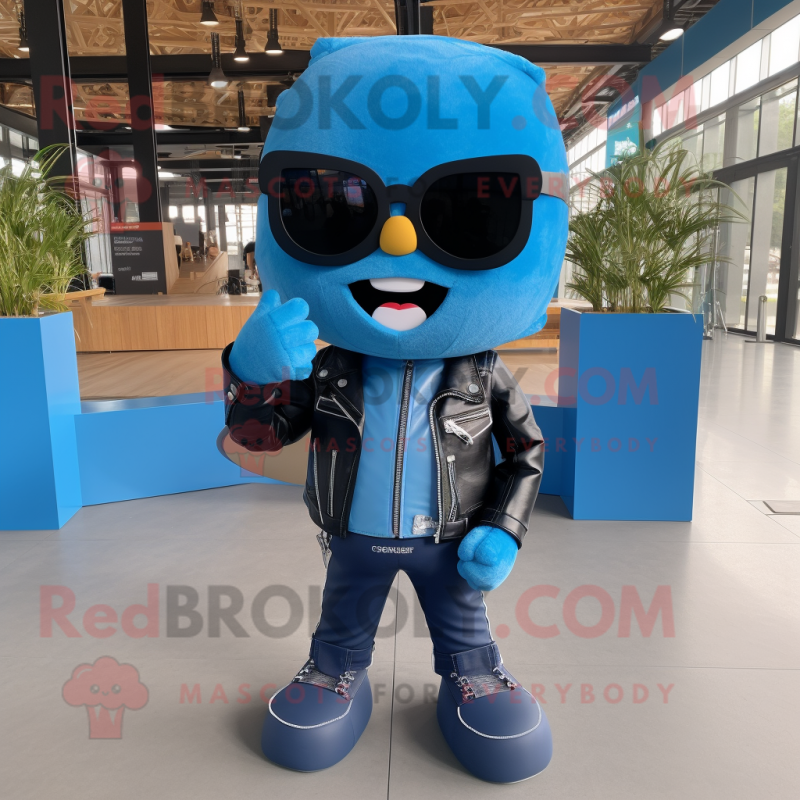 Sky Blue Pad Thai mascot costume character dressed with a Leather Jacket and Sunglasses Sky Blue Pad Thai mascot costume character dressed with a Leather Jacket and Sunglasses