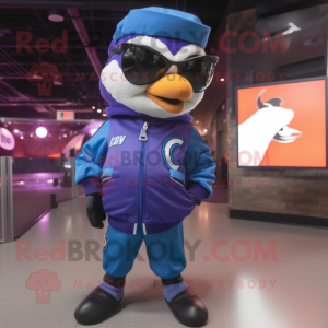 Purple Blue Jay mascot costume character dressed with a Bomber Jacket and Sunglasses