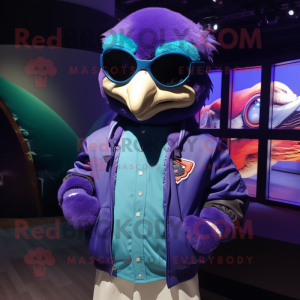 Purple Blue Jay mascot costume character dressed with a Bomber Jacket and Sunglasses