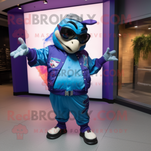 Purple Blue Jay mascot costume character dressed with a Bomber Jacket and Sunglasses