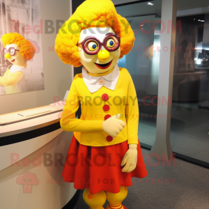 Yellow Clown mascot costume character dressed with a Pencil Skirt and Eyeglasses