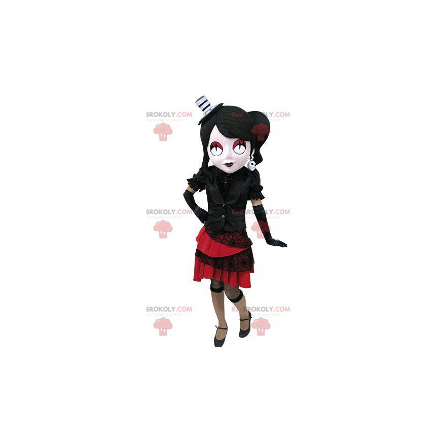 Mascotte de femme gothique habillée en noire et rouge -