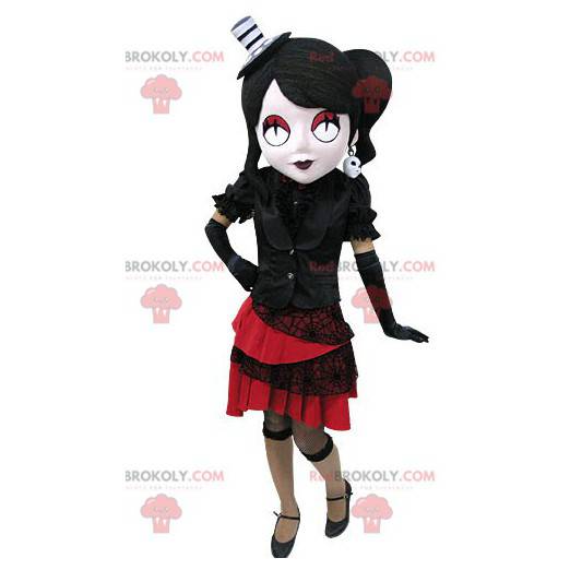 Gotisches Frauenmaskottchen gekleidet in Schwarz und Rot -
