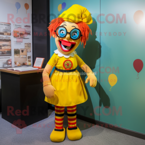 Yellow Clown mascot costume character dressed with a Pencil Skirt and Eyeglasses