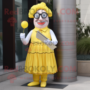 Yellow Clown mascot costume character dressed with a Pencil Skirt and Eyeglasses