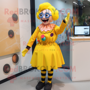 Yellow Clown mascot costume character dressed with a Pencil Skirt and Eyeglasses