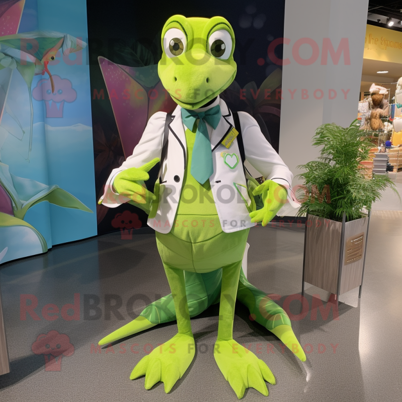 Lime Green Dimorphodon mascot costume character dressed with a Windbreaker and Bow ties Lime Green Dimorphodon mascot costume character dressed with a Windbreaker and Bow ties