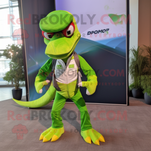 Lime Green Dimorphodon mascot costume character dressed with a Windbreaker and Bow ties