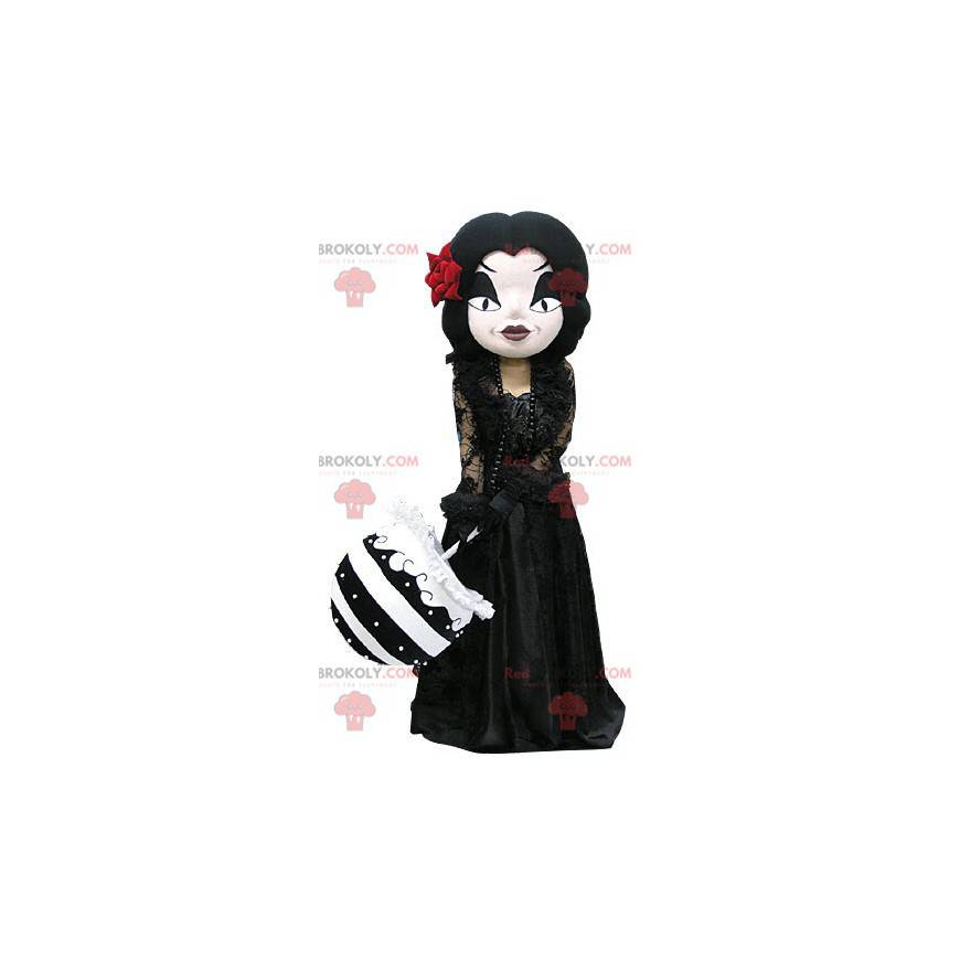 Gotische make-up vrouw mascotte gekleed in het zwart -
