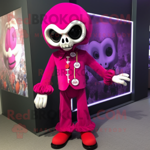 Magenta Skull mascot costume character dressed with a Dress Pants and Hairpins