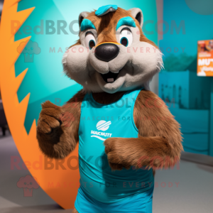 Turquoise Marmot mascot costume character dressed with a Tank Top and Wraps