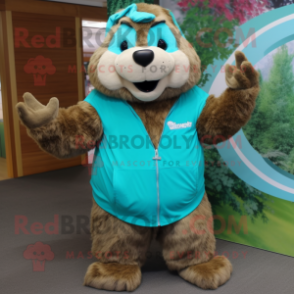 Turquoise Marmot mascot costume character dressed with a Tank Top and Wraps