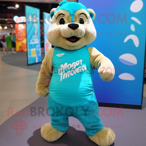 Turquoise Marmot mascot costume character dressed with a Tank Top and Wraps