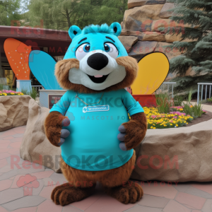 Turquoise Marmot mascot costume character dressed with a Tank Top and Wraps