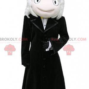 Mascote do boneco de neve sorridente com um longo casaco preto